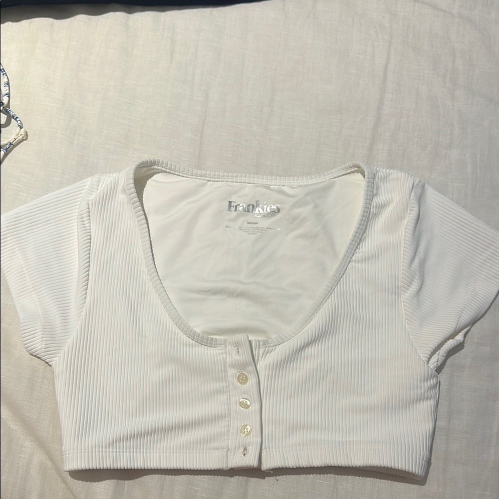 Frankie's Bikinis White Ribbed Scoop Crop Top with Buttons